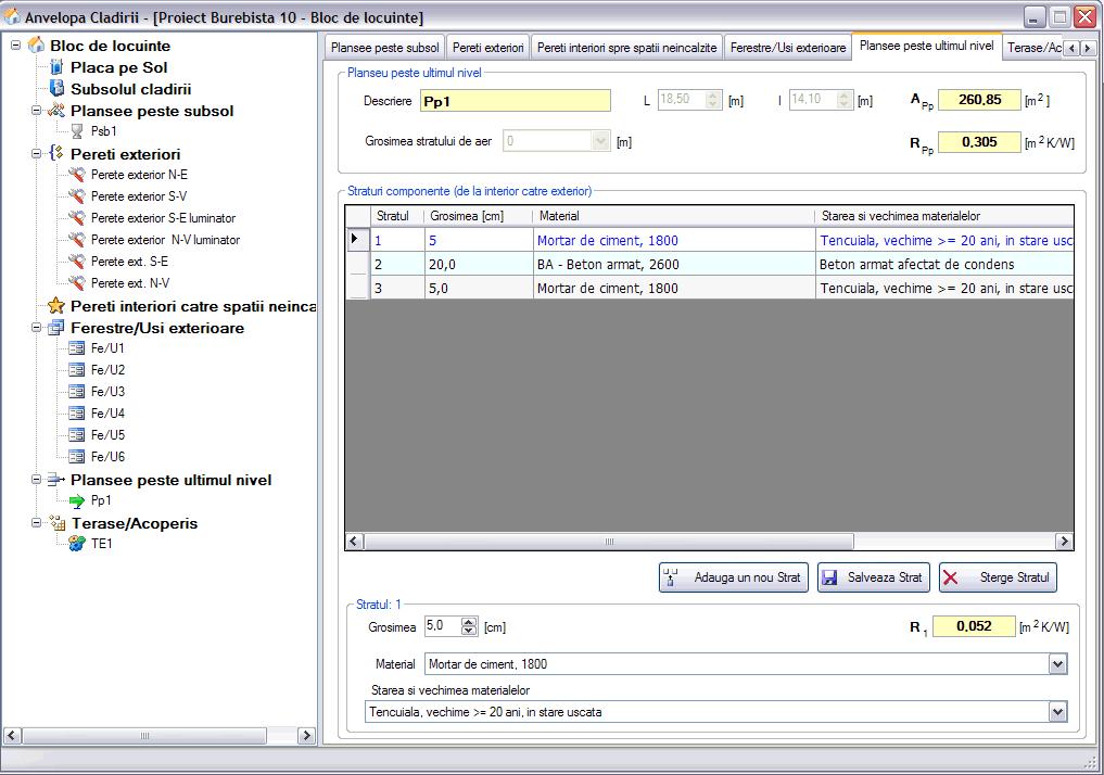 F4 - Fereastra Anvelopa Clădirii Doset-PEC Pentru a modifica datele unui planşeu peste ultimul nivel: 1.