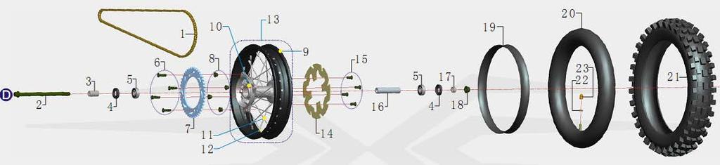 REAR WHEEL ASSY. 1 04020201610100 chain 428-114L 1 2 GB/T5787 M12*205 bolt, flanged M12*205 1 3 09010020210000 spacer Φ12.