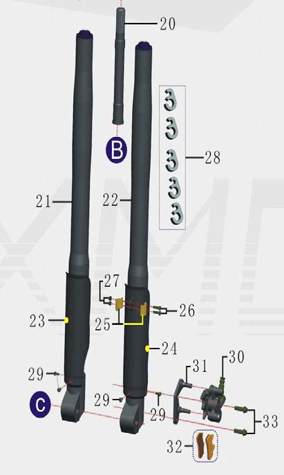 HANDLEBAR STEERING STEM AND FRONT SHOCK STRUCTURE 20 03006050111000 steering stem M22*227mm 1 non adjustable inverted fork, RF 1 non adjustable inverted fork, LF 1 21 04008111004020-R adjustable