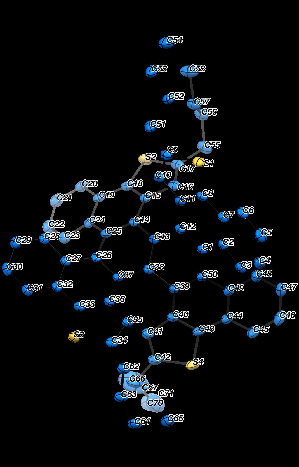 play angles of dithia[6]helicene substructures C11 C12 C14 C15 = 64.0(2) C36 C37 C39 C40 = 61.2(2) play angles of [5]helicene substructures C2 C1 C50 C49 = 46.3(4) C24 C25 C26 C27 = 40.