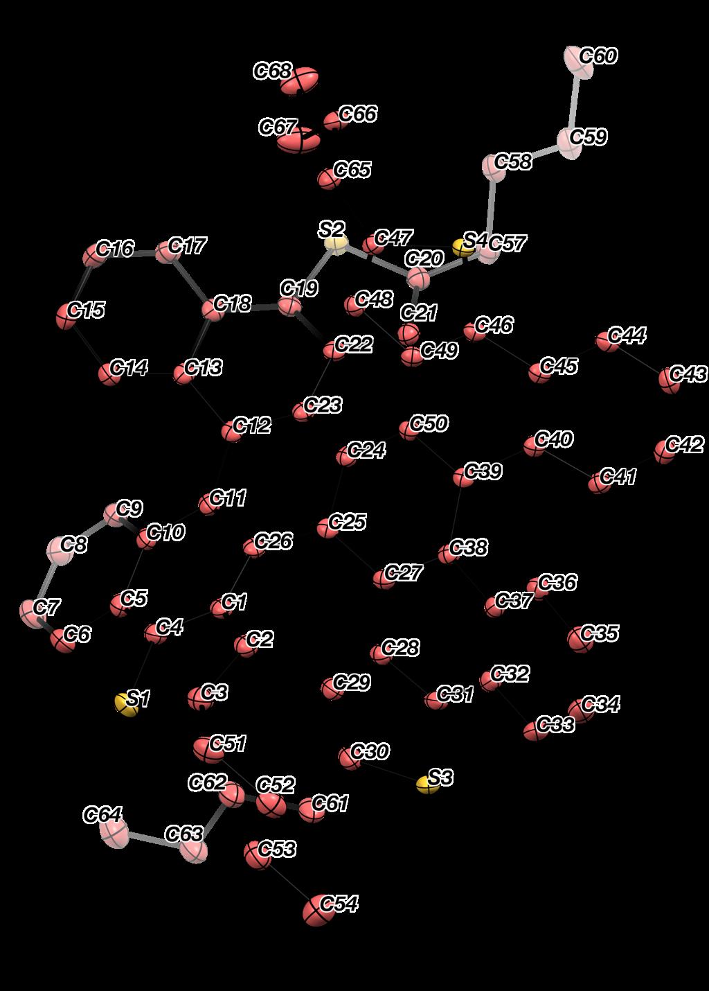 play angles of dithia[6]helicene substructures C1 C26 C27 C28 = 49.71(14) C22 C23 C50 C49 = 53.18(14) play angles of [5]helicene substructures C10 C11 C12 C13 = 27.2(3) C37 C38 C39 C40 = 20.