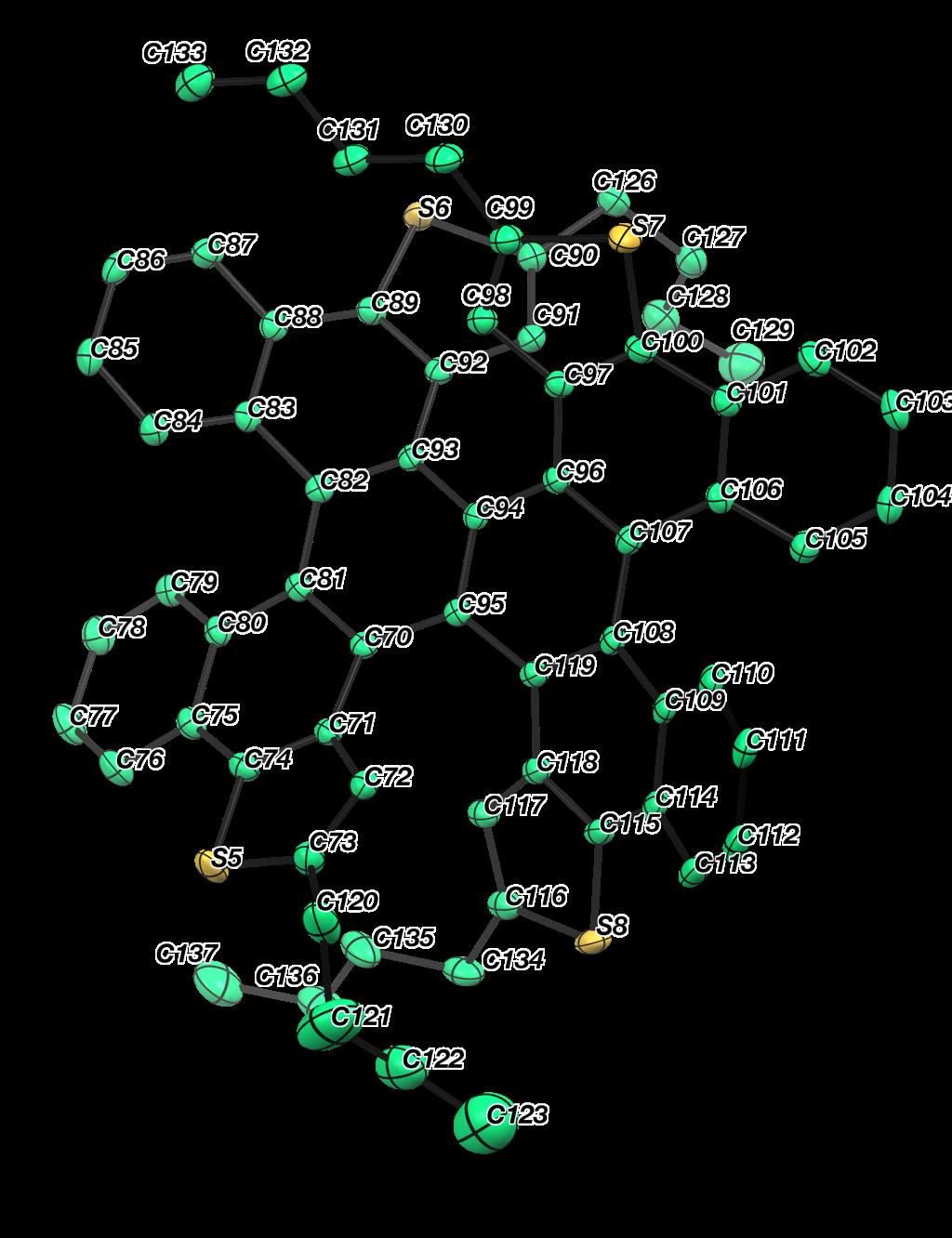 9(2) play angles of dithia[6]helicene substructures C71 C70 C119 C118 = 45.33(14) C92 C93 C96 C97 = 46.62(14) play angles of [5]helicene substructures C80 C81 C82 C83 = 29.