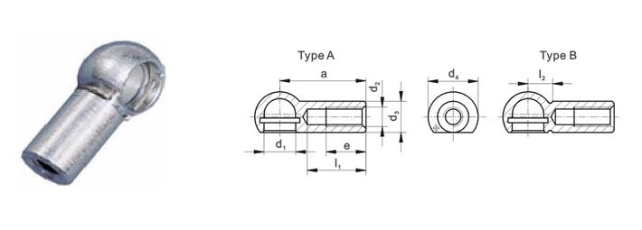 Ball Sockets DIN 71805 d 1 d 2 a d 3 d 4 e l 1 l 2 ±0.3 ±0.5 ±0.5 min. max. ±0.4 Kg/1000pcs for type A B 8 M5 22 8 12.8 10.2 15 6.3 9 8.8 10 M6 25 10 14.8 11.5 17 7 14.2 14.1 13 M8 30 13 19.3 14 20 9.