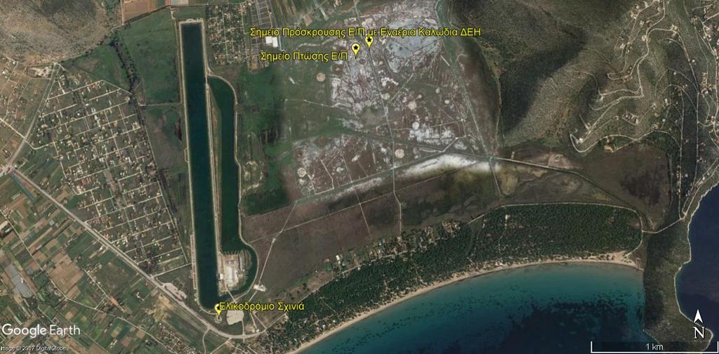 Φωτ. 1α: Χάρτης της ευρύτερης περιοχής του Σχοινιά Το ελικόπτερο ενώ πετούσε σε χαμηλό, αλλά σταθερό ύψος πάνω από τον υδροβιότοπο και ενώ ο φοιτητής αλλά και ο φύλακας του κωπηλατοδρομίου