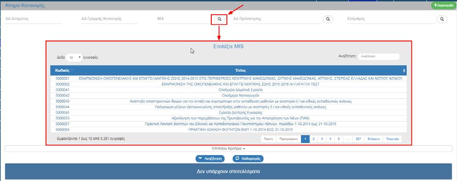 1.5 Αναζήτηση Αιτήματος Κατανομής 1. Εισαγωγή στο Σύστημα Διαχείρισης Πράξεων και Προγραμμάτων (βλέπε ενότητα 2.