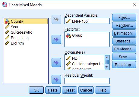 3. Στην καρτέλα Linear Mixed Models επιλέγεται ως η εξαρτημένη μεταβλητή (dependent variable) το LN(F/P), ως παράγοντας (factor) το Group που ανήκει η χώρα και ως