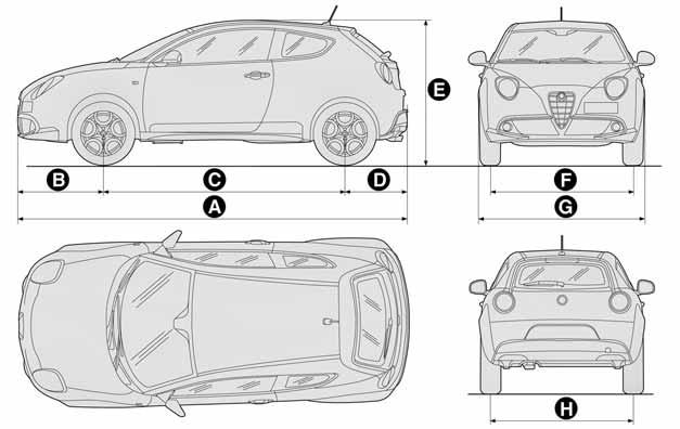 TECHNICKÉ ÚDAJE 233 ROZMERY Rozmery sú vyjadrené v mm a týkajú sa automobilu, ktorý je vybavený pneumatikami vo výbave. Výška sa myslí pri vyloženom vozidle.