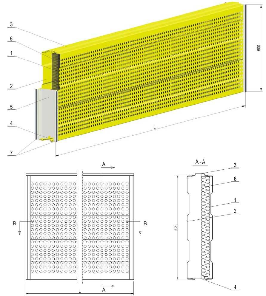 MATERIÁL Hliník, polyesterový práškový lak Jednostranne pohltivý protihlukový panel Jednostranne pohltivý protihlukový panel, podľa 14388, EN 1793 1-3 a EN 1794 1-2, ZTV-LSW 06, vyrobené zo spodným a