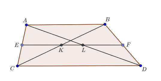 Στο τραπέζιο ABCD αν E και F είναι τα μέσα των μη παράλληλων πλευρών AC και BD αντίστοιχα και η ευθεία EF τέμνει τις διαγώνιες AD και BC στα σημεία L και K αντίστοιχα τότε ισχύουν οι