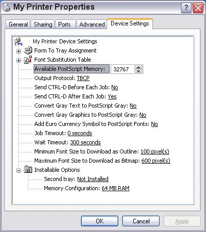Καρτέλα Device settings 1 2 3 1. Μπορείτε να ρυθμίσετε τα επιθυμητά μεγέθη χαρτιού για κάθε διαθέσιμο δίσκο τροφοδότησης χαρτιού. 2. Μπορείτε να κάνετε διάφορες ρυθμίσεις γραμματοσειρών ανάλογα με την εφαρμογή σας.