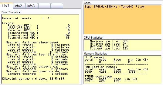 Έτσι, στην περιοχή των πληροφοριών (δεξιά), υπάρχουν τρεις καρτέλες (Info1, Info 2 και Info 3), στις οποίες αναφέρονται ο αριθμός των λαθών της γραμμής, η απόδοση του modem/router, κλπ. (Εικόνα 38).