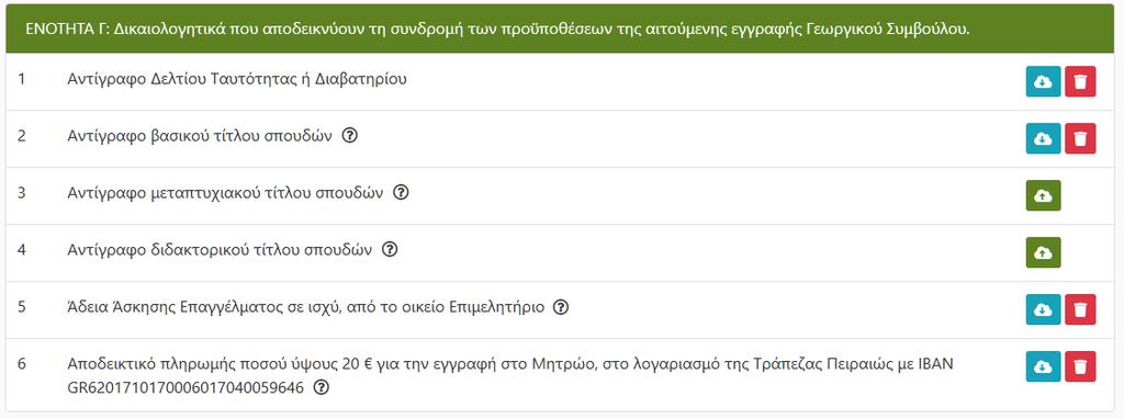 Τα έγγραφα Αντίγραφο Δελτίου Ταυτότητας ή Διαβατηρίου Αντίγραφο βασικού τίτλου σπουδών είναι υποχρεωτικά για κάθε υποψήφιο.