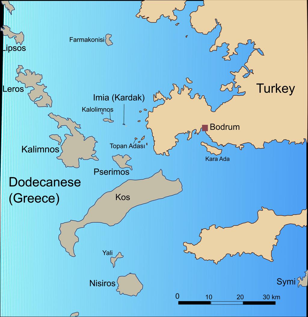 4.6 Γκρίζες Ζώνες Τα Ιμια/Kardak είναι δύο πολύ μικρές νησίδες (βράχοι). Το μεγαλύτερο από τα δύο έχει ακτίνα από το κέντρο του μέχρι τη θάλασσα περίπου 90 μέτρα.