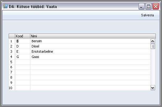 Kütusetüübid Seda seadistust kasutatakse firma omanduses olevates sõiduvahendites kasutatava kütuse tüüpide salvestamiseks.