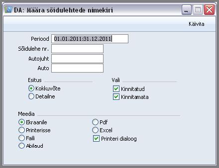 Sõidulehtede nimekiri Selles aruandes näed kõiki valitud perioodil sisestatud Sõidulehti. Kui aruanne on ekraanil avatud, saad iga üksiku Sõidulehe avada, klõpsates selle numbril.