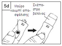 η. Εάν χρησιμοποιείτε το προστατευτικό της βελόνας, πιέστε το μαύρο κουμπί για να απελευθερωθεί το σκέπαστρο της βελόνας. (Σχήμα 5d) Βήμα 6.