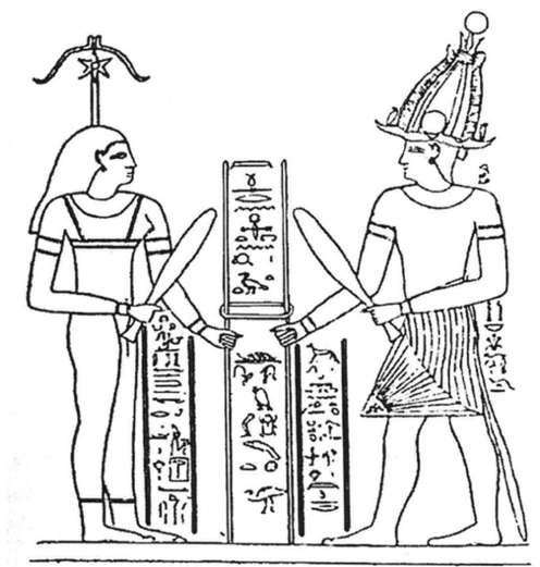 6. O φαραώ και η θεότητα Seshat κατά την τελετή θεμελίωσης ναού (Greenwell 2005, fig. 1). κύπελλα, καθώς και σε υπολείμματα από αναίμακτες, αιματηρές και έμπυρες προσφορές.