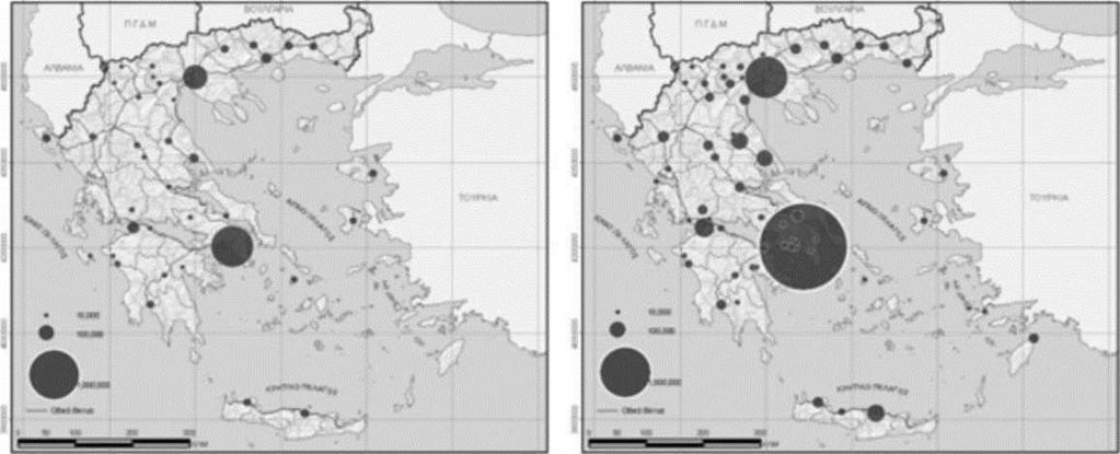 Πληθυσμός οικισμών κατά τάξη μεγέθους (%) Τάξεις μεγέθους 1928 1951 1961 1971 1981 1991 500.000 + 0,00 7,43 7,48 9,96 9,17 7,59 200.000 ως 499.999 0,00 2,85 2,99 3,97 4,21 3,77 100.000 ως 199.