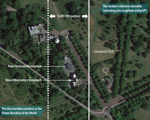 00 00 00,0 ± 3,6 12:00:00,000 ± 0,240 0. poludník marťanský (stredná čiara) daný meraním z orbitu. Tolerancia poludníka (krajné čiary) 59,3 m, rozdiel ±0,240 s.