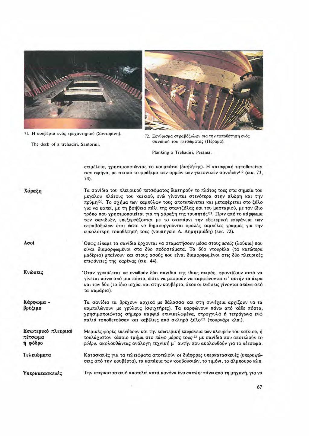 71. Η κο υ βέρτα ε \'ός τρ ε χαντηριού (Σαντορίνη). The deck of' a trchadiri, Santorini. 72. Ξεγύρισμq στραβό ξυλ ων για τ ην τοποθέτηση ενό ς σανι δ ιού το υ πετσώματος (Πέραμα).