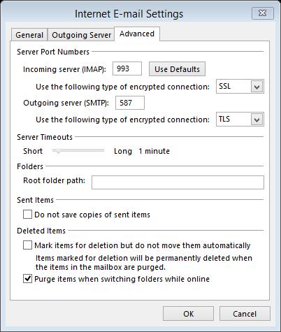 993 Use the following type of encrypted connection: SSL Outgoing server (SMTP): 587 Use the following type