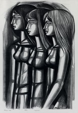 Κορίτσι. 1987. Χάραγμα σέ πέτρα, 1100 x 555 mm. Ἔκδοση σέ 30 480 ΤΑΣΣΟΣ, Α. Κορίτσια. 1983. Λιθογραφία, 790 x 430 mm.