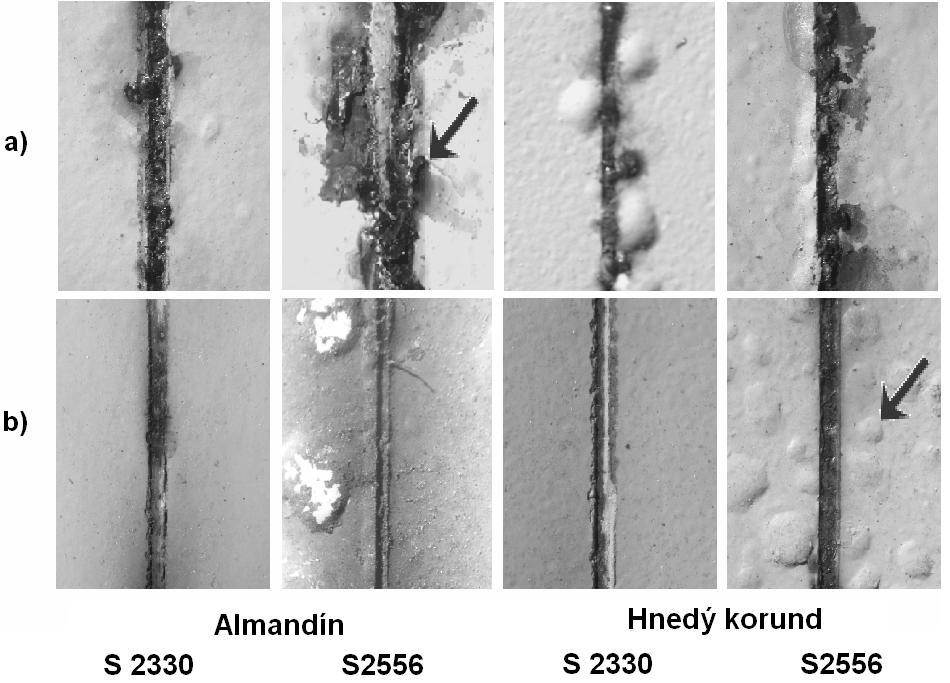Obr. 12.2.4 Zobrazenie rezov na vzorkách s rôznou predúpravou po expozícii: a) vo vlhkej atmosfére s obsahom SO 2, b) v 20 % roztoku NaCl, zv.