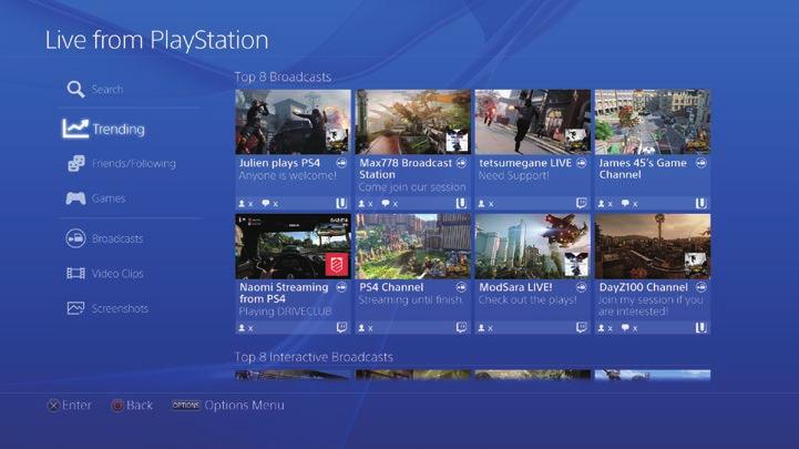 Προβολή παιχνιδιών που έχουν μοιραστεί άλλοι παίκτες Χρησιμοποιήστε την επιλογή (Live από το PlayStation) για να δείτε μεταδόσεις, κλιπ βίντεο και στιγμιότυπα που έχουν μοιραστεί άλλοι παίκτες.