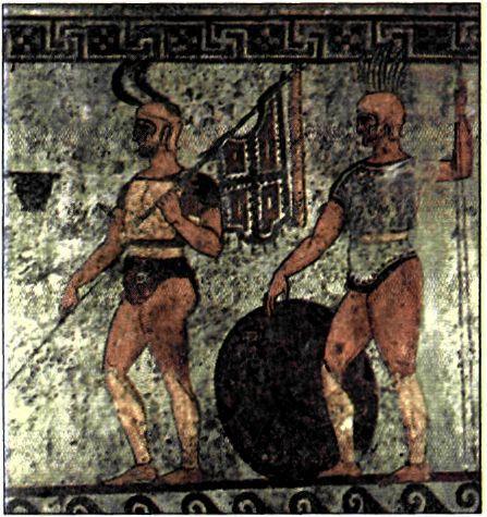 Τοιχογραφία με παράσταση δύο πεζών πολεμιστών από τάφο της Ποσειδωνίας (αρχές του 3ου αι. π.χ.). Από τον οπλισμό τους φαίνεται ότι πρόκειται για Σαμνίτες, μία από τις ιταλικές φυλές της Κάτω Ιταλίας.