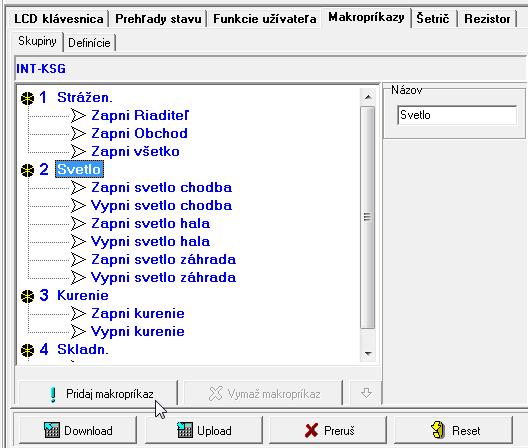 Pred definovaním makropríkazov treba načítať údaje z klávesnice (tlačidlo Download ), a po ukončení programovania zapísať do klávesnice (tlačidlo