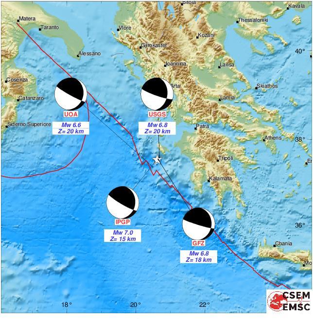 μηχανισμοί όπως καθορίστηκαν από διάφορα διεθνή και ελληνικά σεισμολογικά δίκτυα (Σχ. 2). Σχήμα. 2. Γραφική παρουσίαση των λύσεων των μηχανισμών γένεσης του σεισμού της 26 ης Οκτωβρίου 2018 στη Ζάκυνθο.