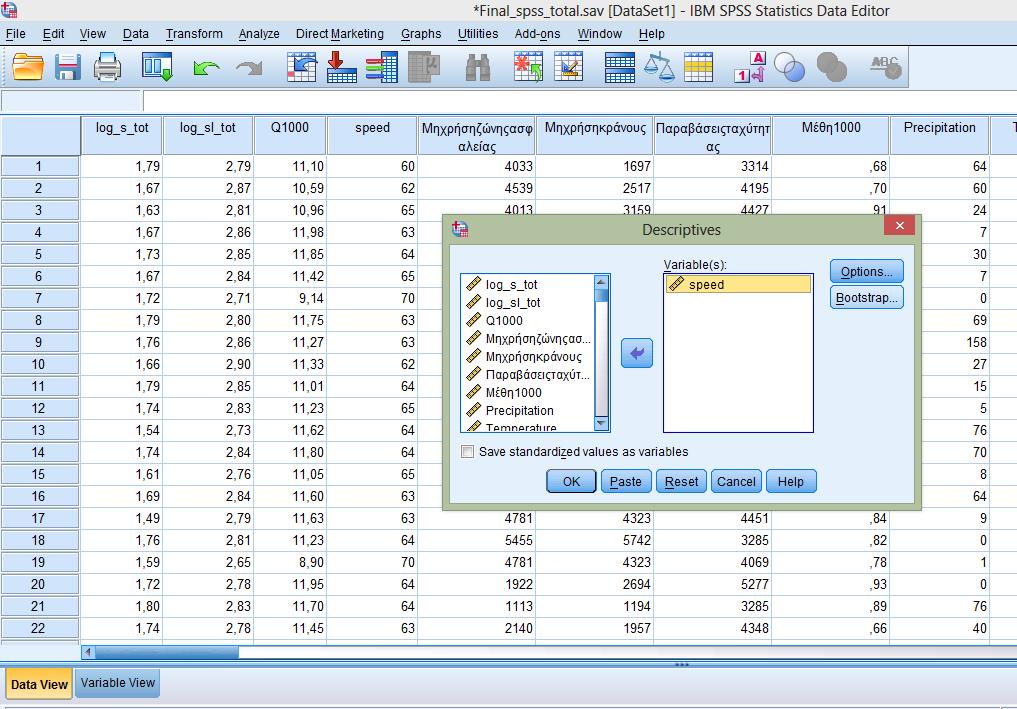 Τα βήματα εντολών για αυτό το σκοπό είναι: Analyze Descriptive Statistics Descriptives Options και έπειτα η επιλογή μεταβλητών