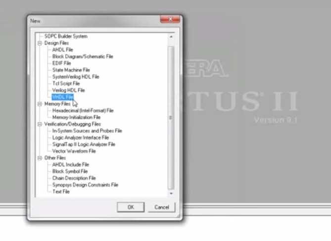 Δημιουργία υλοποίησης VHDL (VHDL File) Όπως και με τη δημιουργία του αρχείου του πρότζεκτ, επιλέξτε File