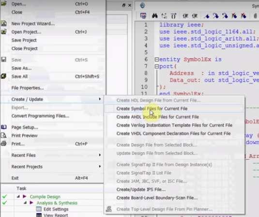 Κατασκευή νέου Symbol από VHDL Entity To Quartus II μας επιτρέπει να