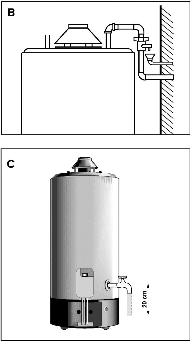 1. UMIESTNENIE 1. Bojler je určený na postavenie na pevnú podložku 2. Minimálne vzdialenosti od steny viď. obr.