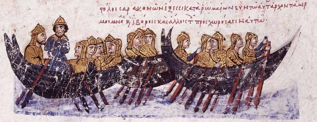 13. Αναπαράσταση της εκστρατείας του αραβικού στόλου για την κατάληψη της Κρήτης (823-824) (μικρογραφία από το Χρονικόν του Ιωάννη Σκυλίτζη).