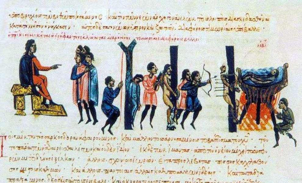 7. Βασανιστήρια Αράβων αιχμαλώτων από τον βυζαντινό ναύαρχο Νικήτα Ωορύφα (μικρογραφία από το Χρονικόν του Ιωάννη Σκυλίτζη).