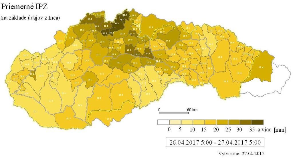 Obr. 9 Nasýtenosť povodí podľa indexu predchádzajúcich zrážok Studený zvlnený front spojený s tlakovou nížou, ktorá sa koncom apríla pozvoľna presúvala na severovýchod, priniesol do regiónu výdatné