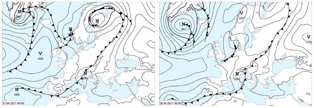 Obr. 1 Synoptická situácia v dňoch 27. 28. apríla 2017 Obr. 2 Prízemné tlakové pole a teplota vzduchu v 2 m [hpa/ C] v dňoch 27. 28. apríla 2017 3.