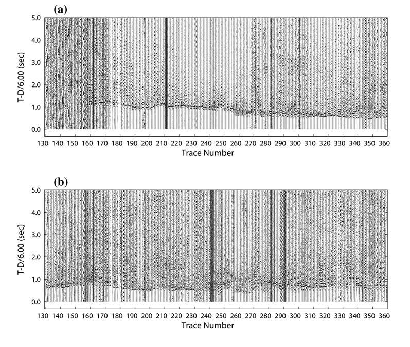 Fig. 1. Record sections for o% ine shots on the EW line. Horizontal axis is a trace number (see Table,). Travel time is reduced for a velocity of 0km/s.