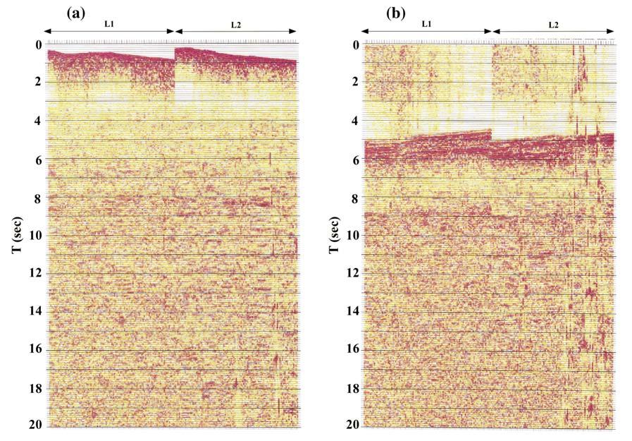 Fig. ++. Travel-time plot for o% ine shots on the EW line. The reduction velocity is taken to be 0*. km/s. The horizontal axis is a trace number (Table,).