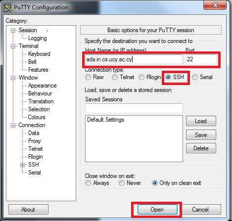 Τμήματος και θέλετε να συνδεθείτε στην μηχανή απλά θα πρέπει να τρέξετε το PuTTY και να συμπληρώσετε τα εξής: Στο πεδίο Host Name γράφετε το όνομα του εξυπηρετητή ada.in.cs.ucy.ac.
