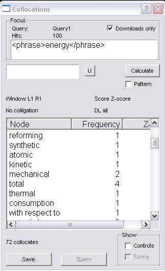 Figure 6. Using Xaira to find the collocates of energy. The words in the Node column are collocates of energy, in a (-1,+1) collocational window. 3.