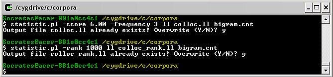 The file bigram.cnt is the input (created with the count.pl utility) and the files colloc.ll, colloc_rank.ll are the outputs for each command respectively. 3.