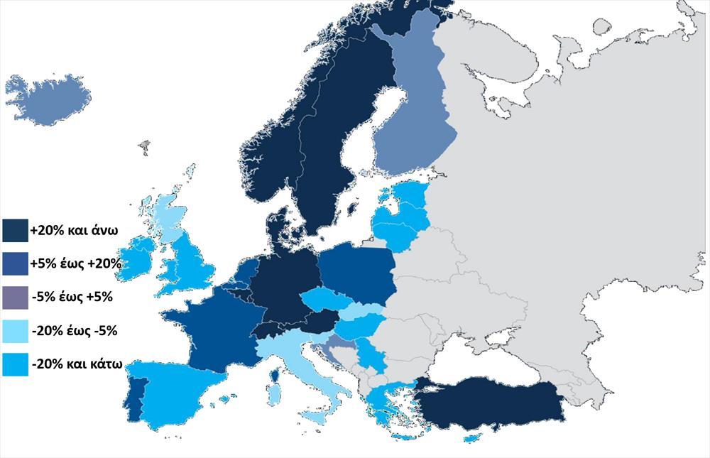Σχήμα 34. Εξέλιξη της δημόσιας χρηματοδότησης των ευρωπαϊκών πανεπιστημίων κατά την περίοδο 2008-2016, σε πραγματικές τιμές (Πηγή EUA) 43.