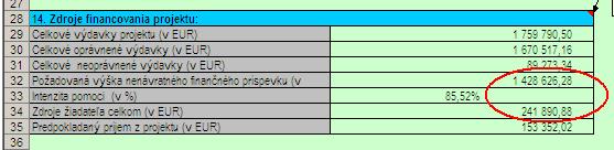 Intenzita nenávratného finančného príspevku v percentuálnom vyjadrení je vykalkulovaná v riadku Intenzita pomoci z OP ŽP na liste Peňažné toky projektu.