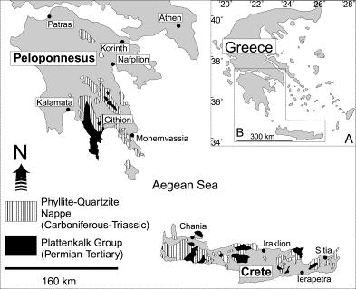 Εικόνα 2-2. Οι εμφάνισεις της Ομάδας Πλακωδών Ασβστολίθων και του Φυλλιτικού Καλύμματος στην Πελοπόννησο και Κρήτη (Dornsiepen et al., 2001).
