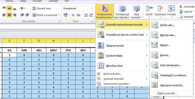 3/ Podmienené formátovanie podmienené formátovanie pomáha vizuálne zodpovedať na špecifické otázky o údajoch. Môžeme ho použiť v rámci rozsahu buniek v tabuľke programu Microsoft Excel.