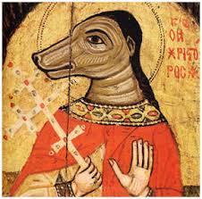 Η. Ο άγιος Χριστοφόρος, ένας άγιος με πρόσωπο σκύλου Ο Άγιος Μεγαλομάρτυς Χριστόφορος καταγόταν από ημιβάρβαρη φυλή και ονομαζόταν Ρεμπρόβος, που σημαίνει αδόκιμος, αποδοκιμασμένος, κολασμένος.