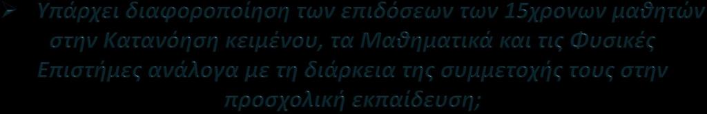 Η συμμετοχή στην προσχολική εκπαίδευση βρέθηκε να συσχετίζεται με την επίδοση των δεκαπεντάχρονων μαθητών και στα τρία γνωστικά αντικείμενα (Φυσικές Επιστήμες, μαθηματικά, κατανόηση κειμένου).